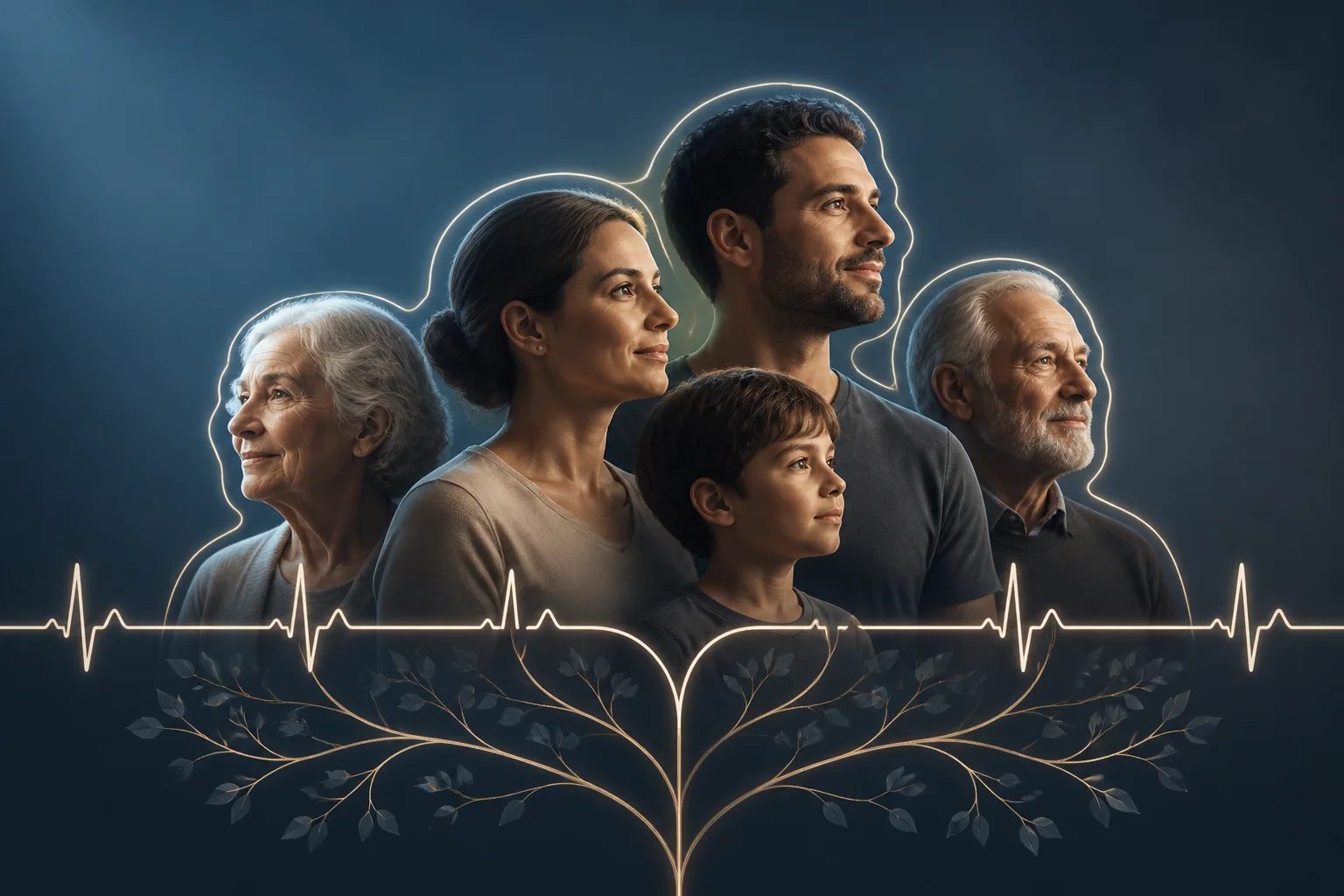 Aile ağacı, kalp ritmi çizgisi ve farklı kuşaklardan aile bireyleri