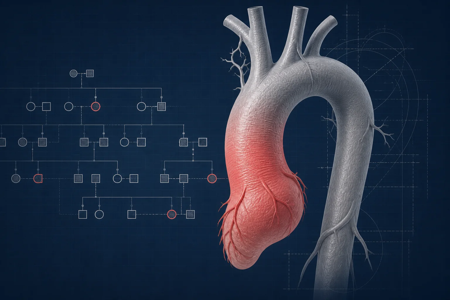 Aort yayı ve kalıtsal aortopatiyi temsil eden aile ağacı