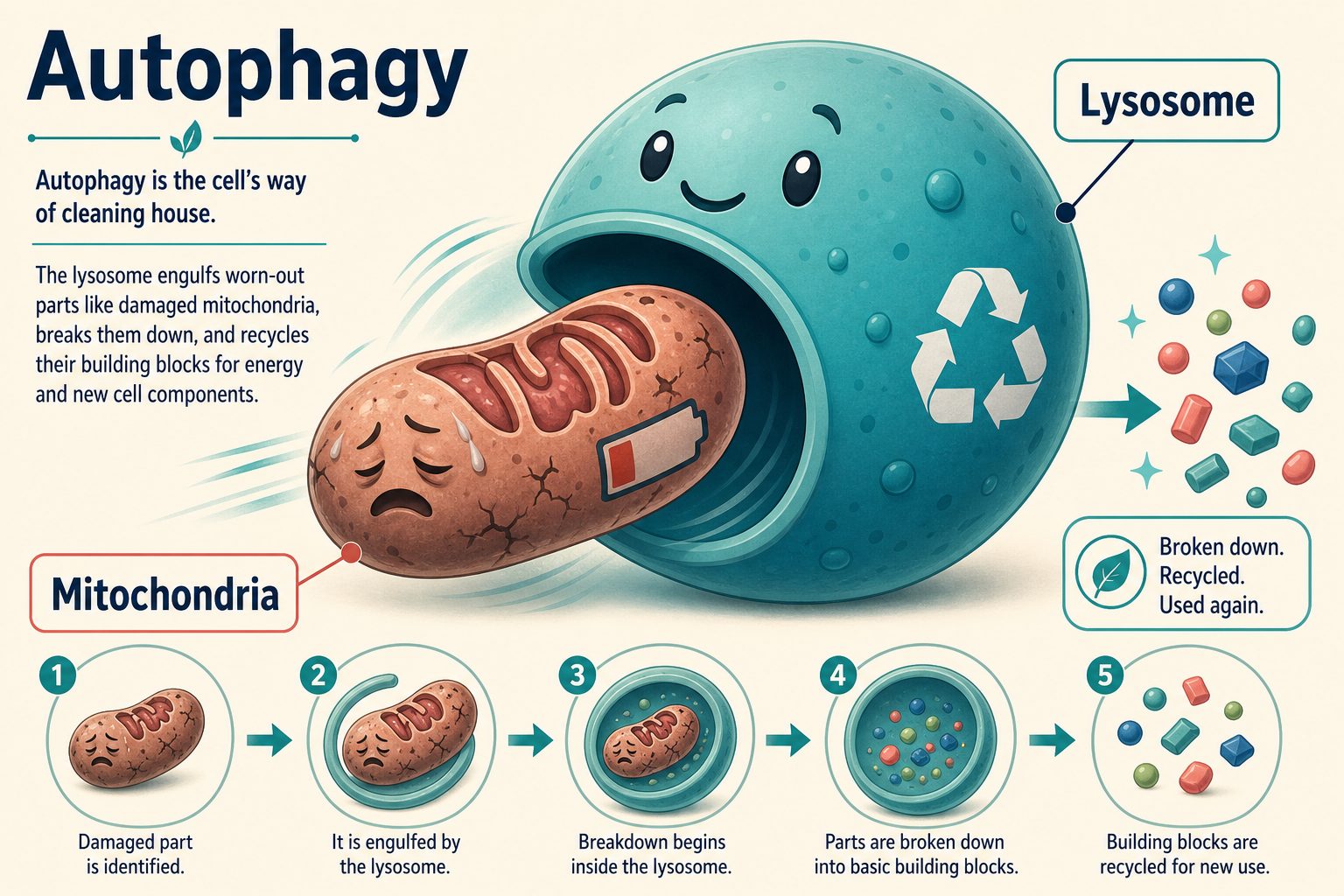 Autophagy diagram: a lysosome engulfing a worn-out mitochondrion
