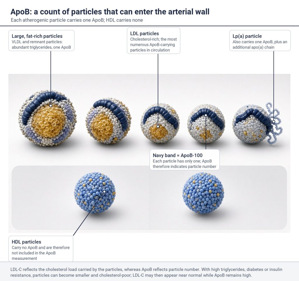 Labeled diagram: one ApoB-100 molecule on each of VLDL, LDL, and Lp(a) particles, and none on HDL particles