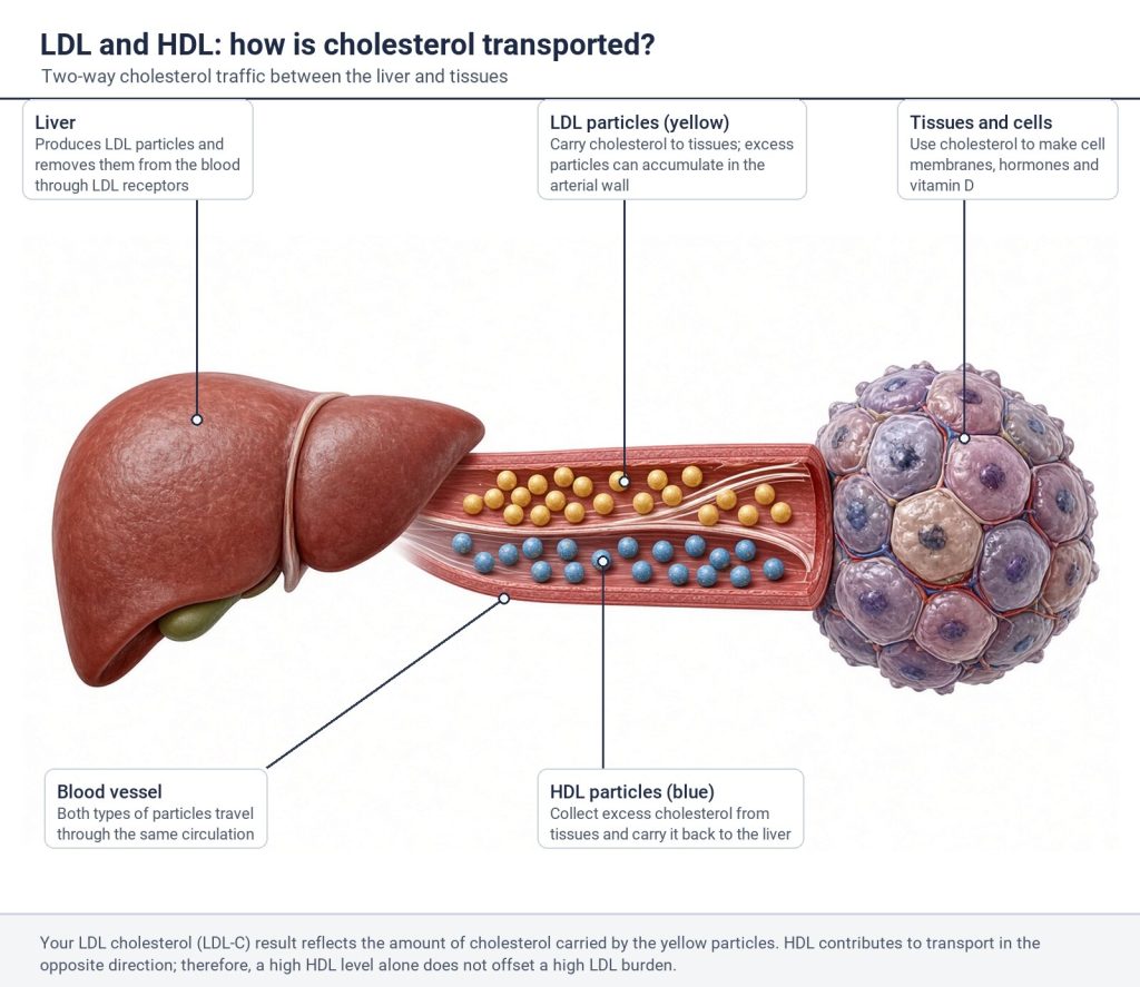 Labeled diagram: cholesterol transport by LDL and HDL particles among the liver, a blood vessel, and tissues